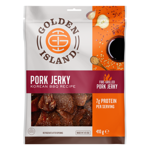 A flexible film package labelled Pork Jerky Korean BBQ 410g