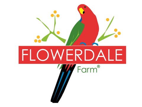 Flowerdale Farm logo - red wording with red and green bird 
