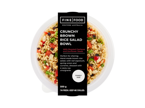 A plastic bowl with a cardboard sleeve labelled Crunch Brown Rice Salad Bowl 500g