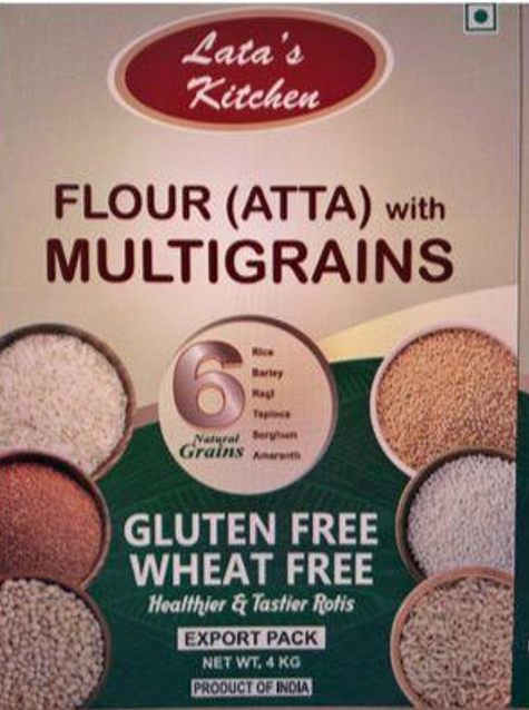 A white and green package labelled Lata's Kitchen Flour (Atta) with Multigrains Gluten Free Wheat Free