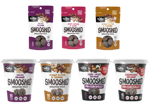 Plastic pouches and tubs labelled as various Tasti Smooshed Balls