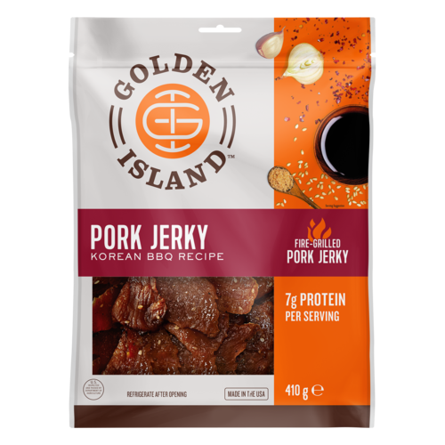 A flexible film package labelled Pork Jerky Korean BBQ 410g