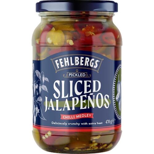Glass Jar with blue lid - Riviana Foods Pty Ltd-Fehlbergs Pickled Sliced Jalapenos Chilli Medley 470g