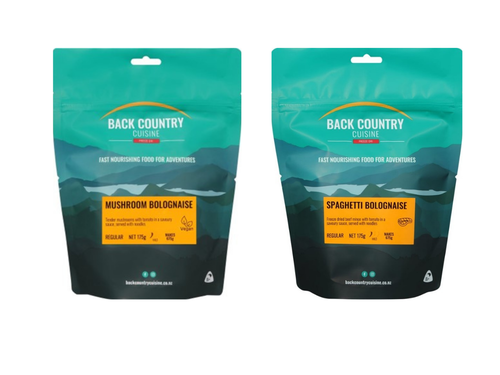 A Ziplock plastic bag packaging labelled Back Country Cuisine - Mushroom Bolognaise & Spaghetti Bolognaise 