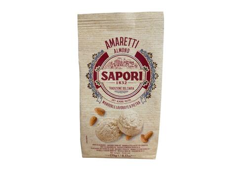 A plastic bag package labelled Sapori Soft Amaretti Biscuits 175g