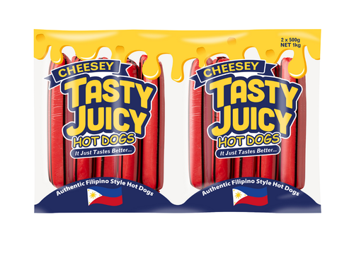 Red and Yellow Package with Cheesey Tasty Juicy in yellow text 