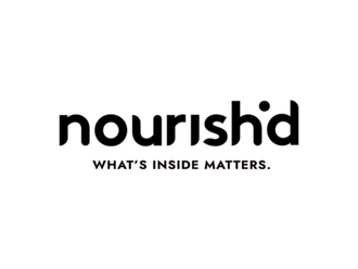 A black and white logo with the brand name Nourish'd