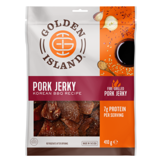 A flexible film package labelled Pork Jerky Korean BBQ 410g